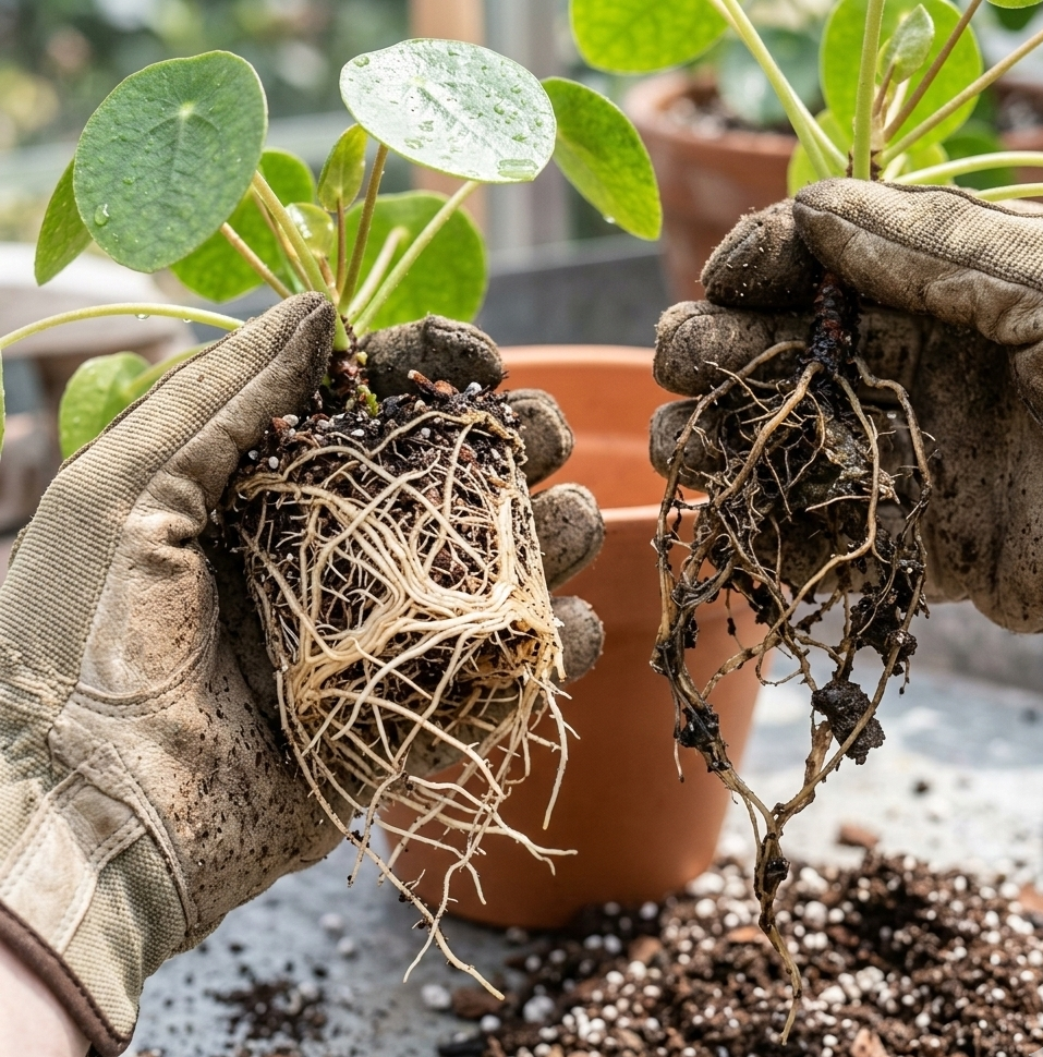 healthy and rotten plant roots comparison during houseplant repotting