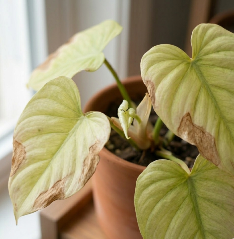 indoor plant with pale leaves and slow growth nutrient deficiency close up