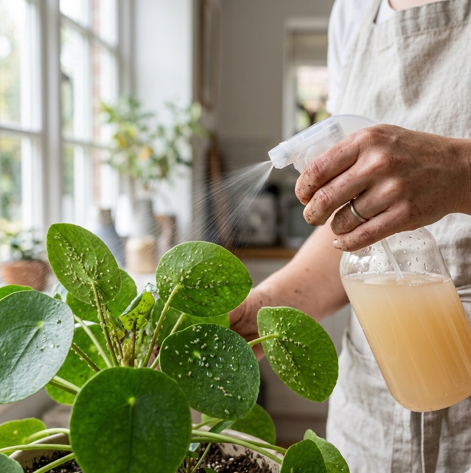 Indoor close-up of a gardener spraying homemade soap solution on houseplant leaves with visible aphids