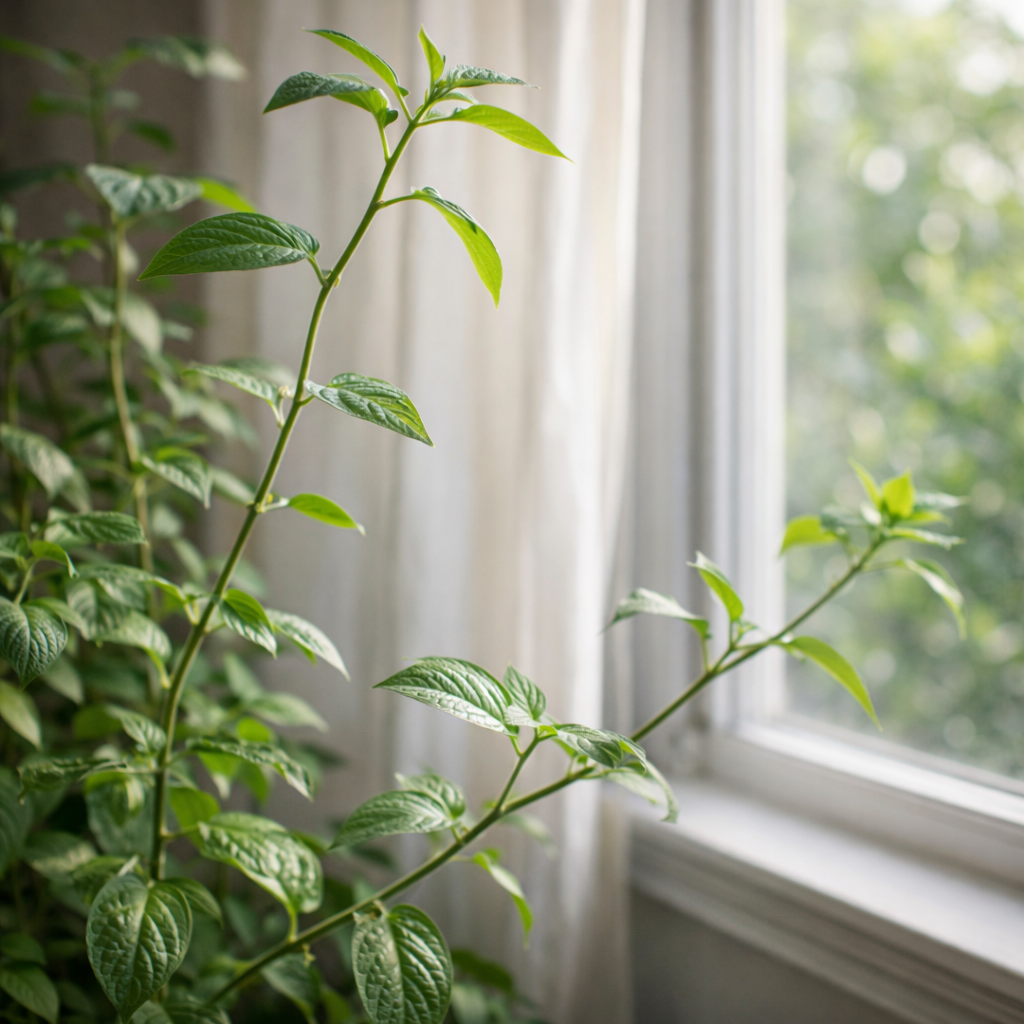 Indoor photo of a leggy houseplant with long thin stems and wide gaps between leaves stretching toward a window