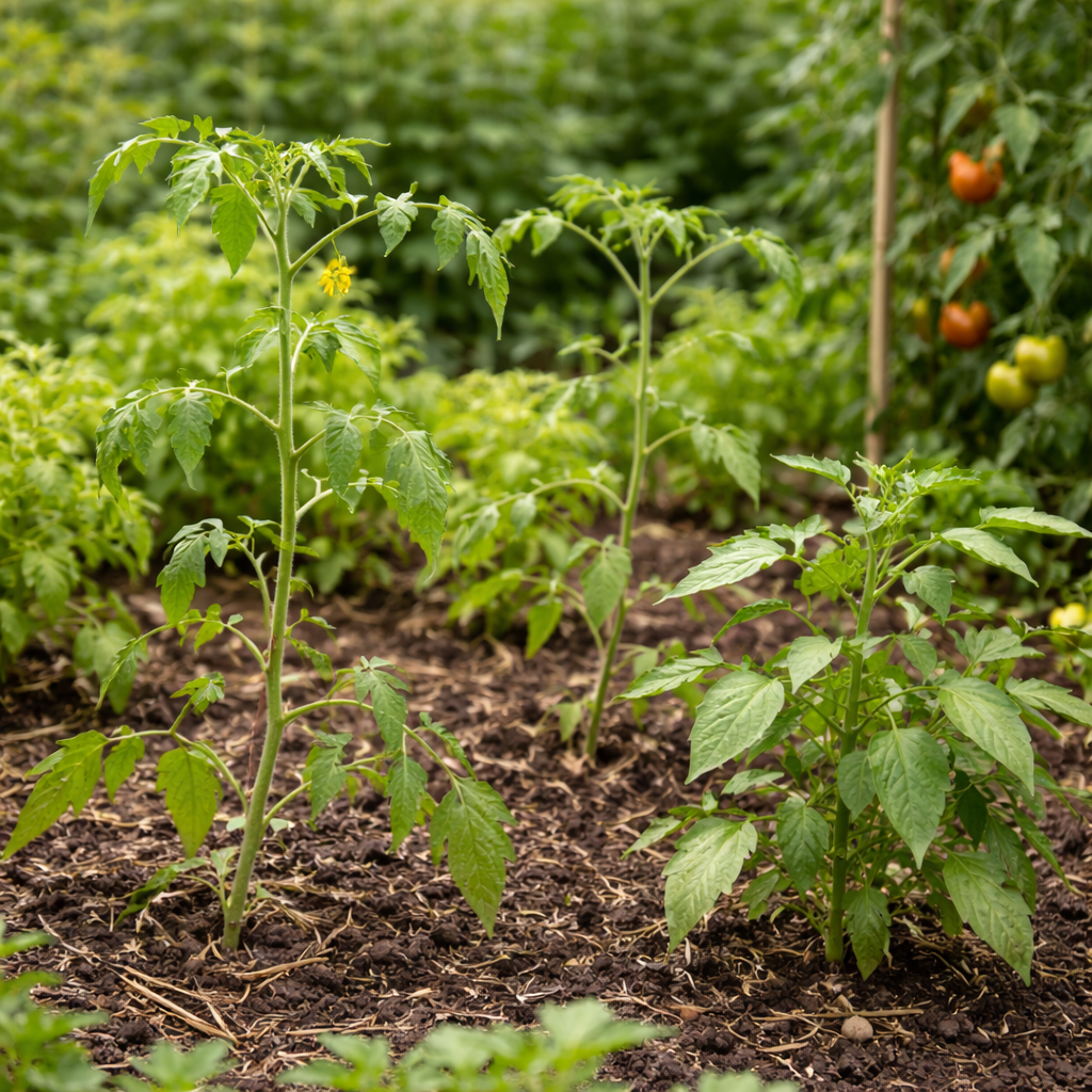 Outdoor garden bed with leggy tomato and pepper plants showing long thin stems and sparse foliage