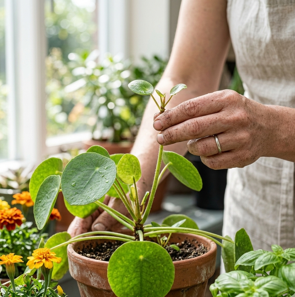 Close-up indoor photo of a gardener pinching the tip of a leggy plant stem to encourage bushier growth