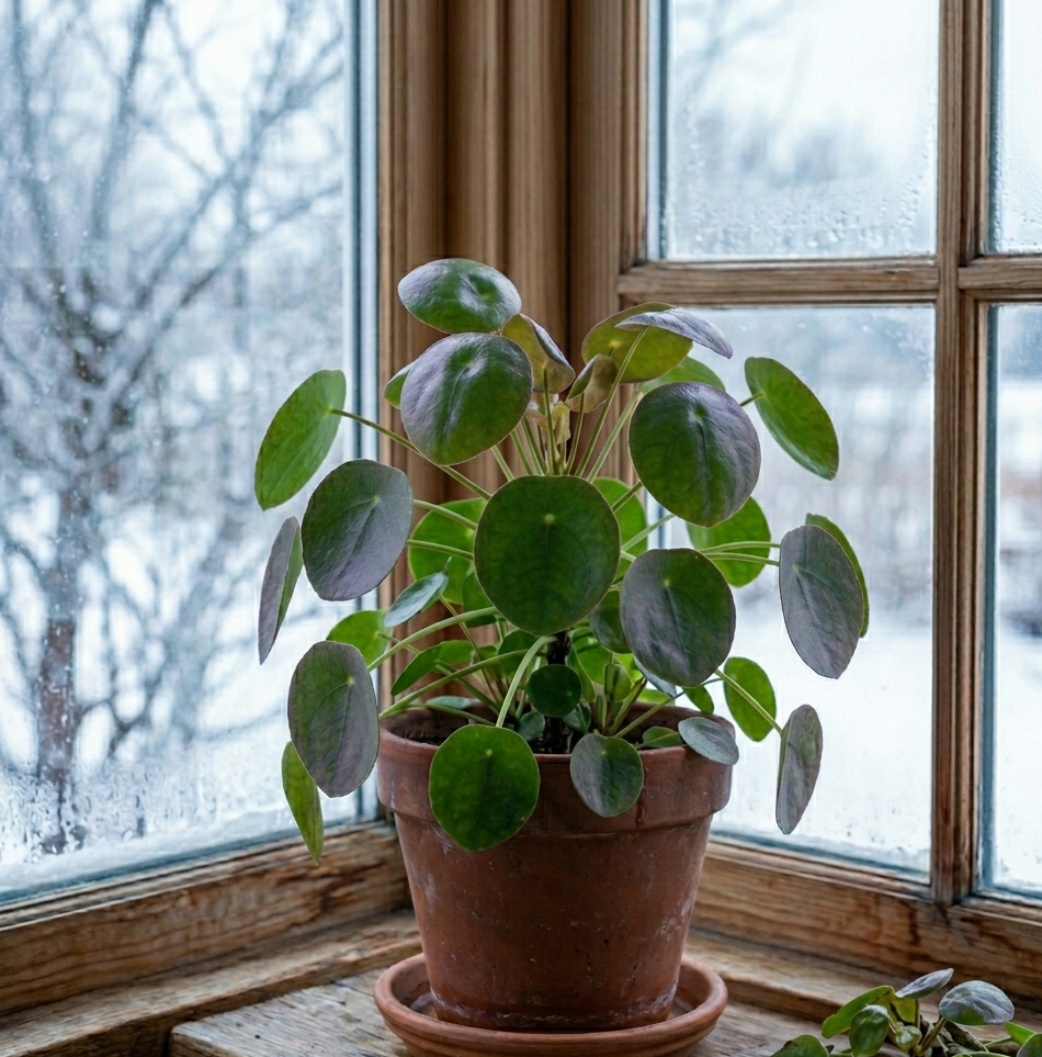 Indoor plant leaves turning purple near cold window due to temperature stress