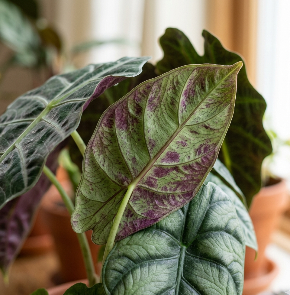 Plant leaves turning purple with purple discoloration on green leaves in natural light