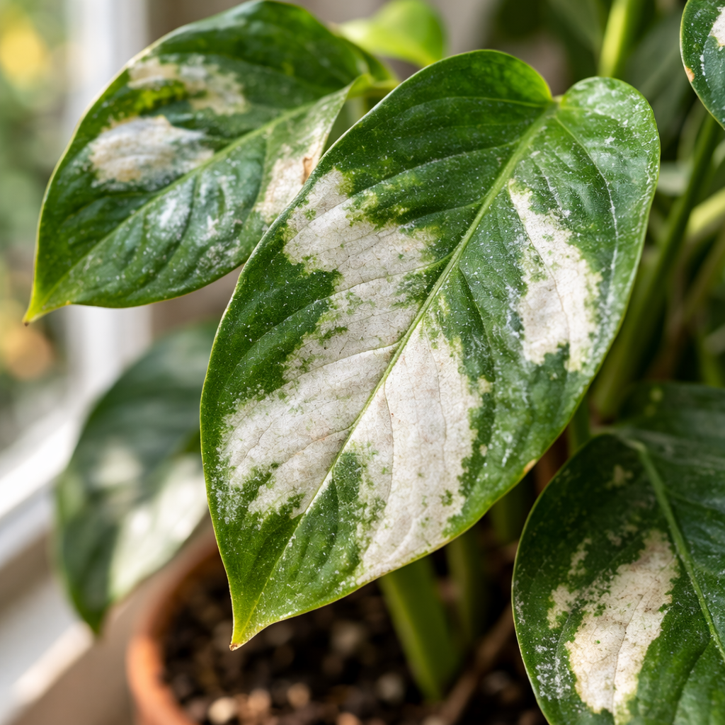 houseplant leaves turning white with pale patches close up
