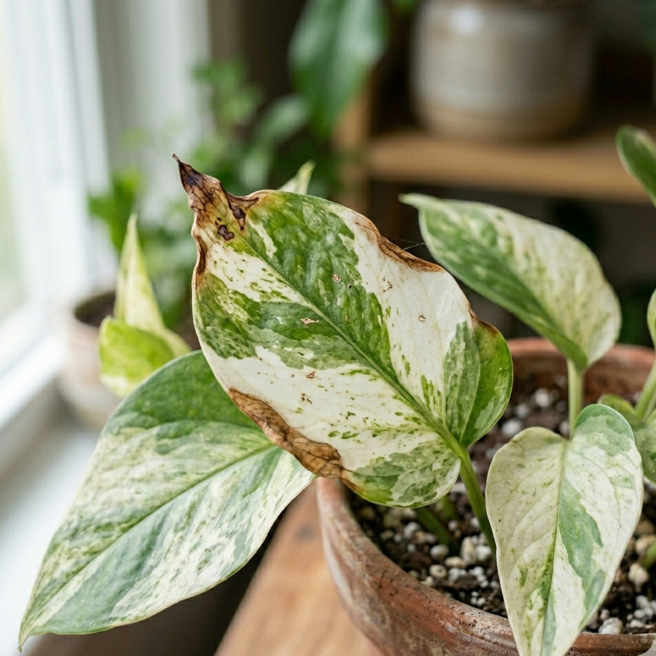 houseplant leaves with white patches curling edges and brown tips close up