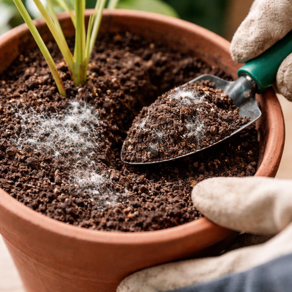 removing white mold from plant soil close up gardener hand