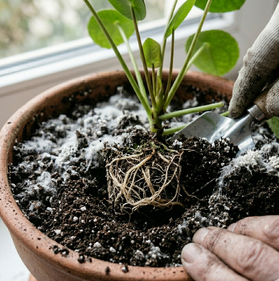 repotting houseplant with fresh soil healthy roots close up