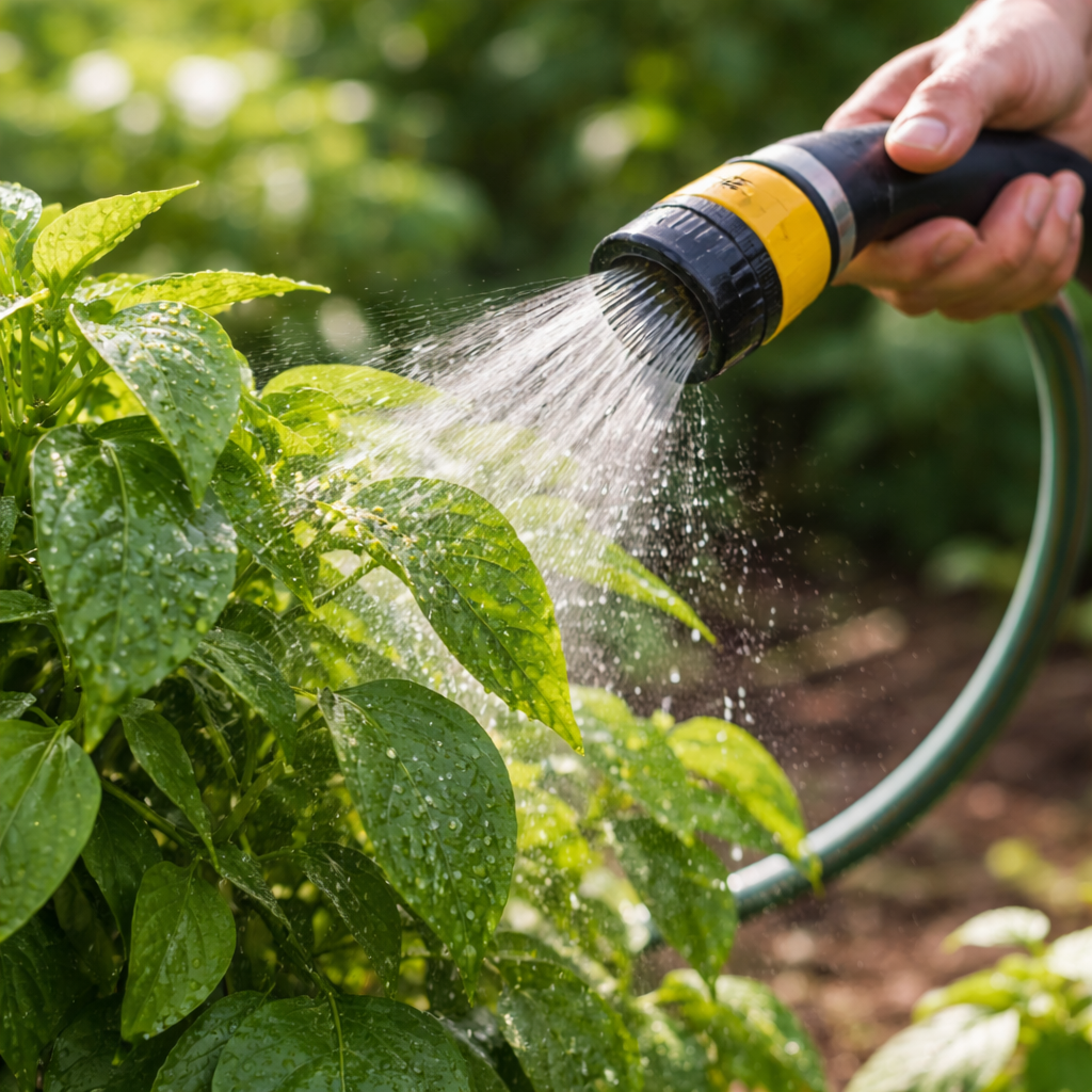 Close-up outdoor photo of a person rinsing aphids off green plant leaves with a garden hose in natural daylight