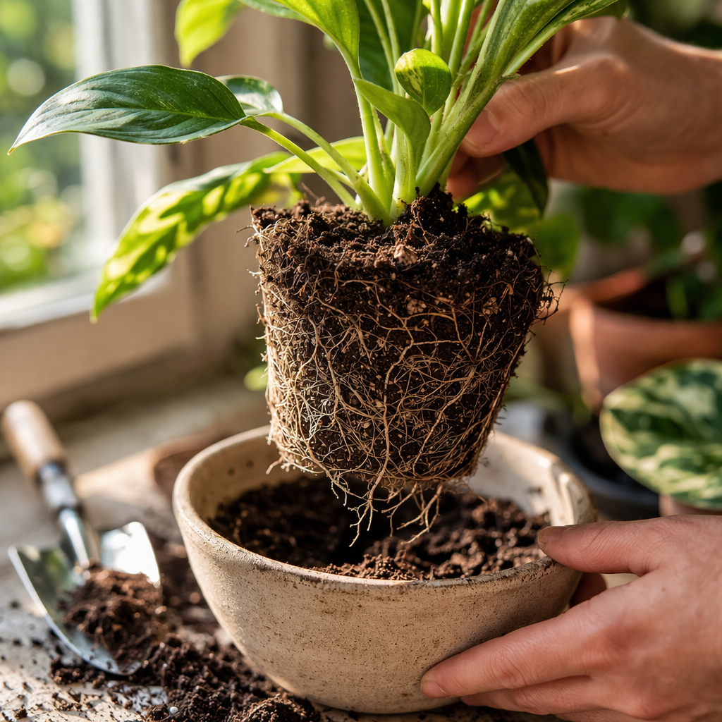root bound houseplant with thin roots in compact soil close up