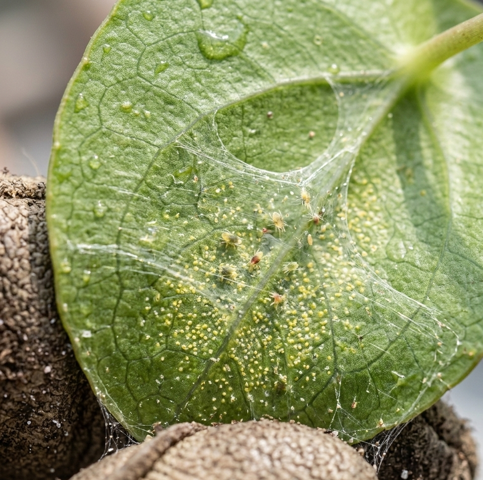 spider mites and webbing on houseplant leaf close-up