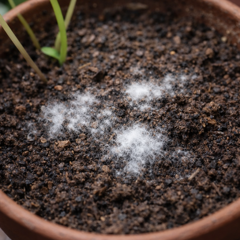 white mold on plant soil surface close up