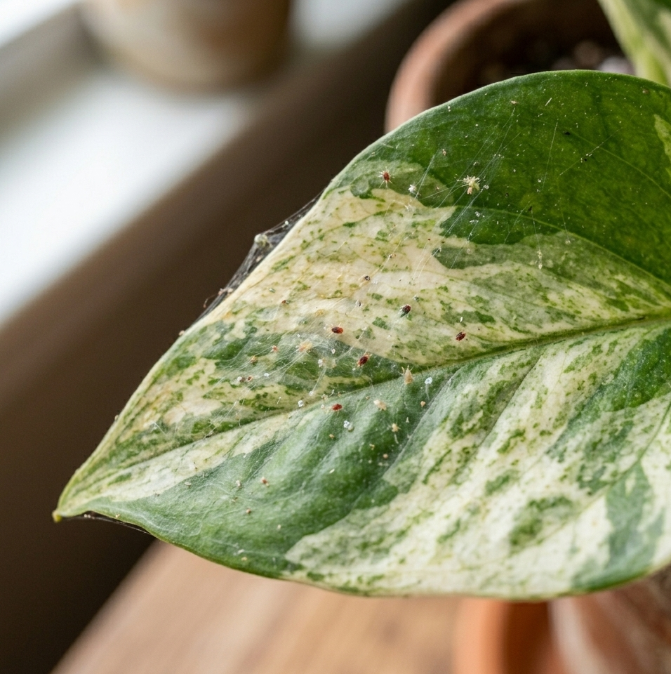 white spider mites and webbing on houseplant leaf close up