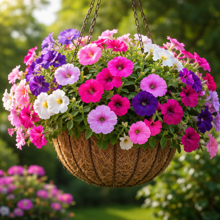 Blooming petunias in hanging basket with vibrant colorful flowers in sunlight