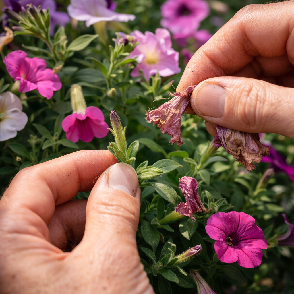 Gardener removing faded petunia flowers close up in natural light